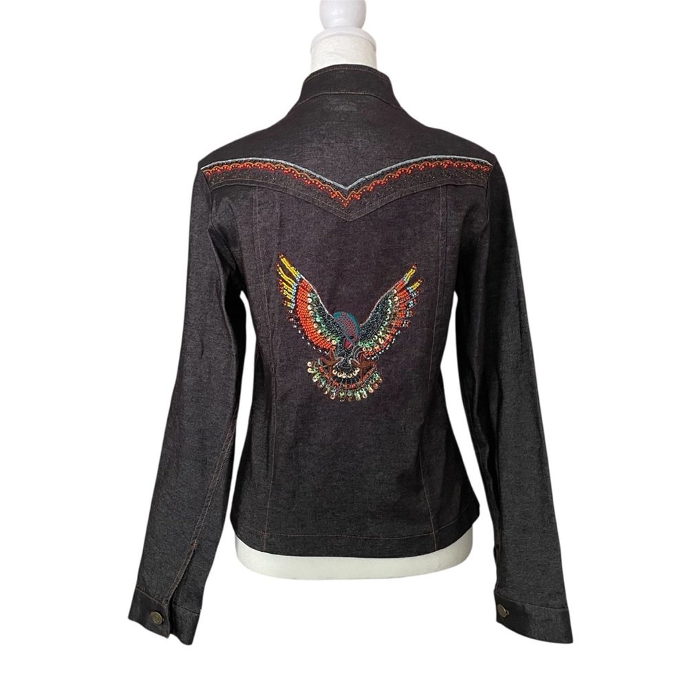 Langevin Paris Double Zip Denim Jacket with Beaded Eagle Details Women’s Size 1